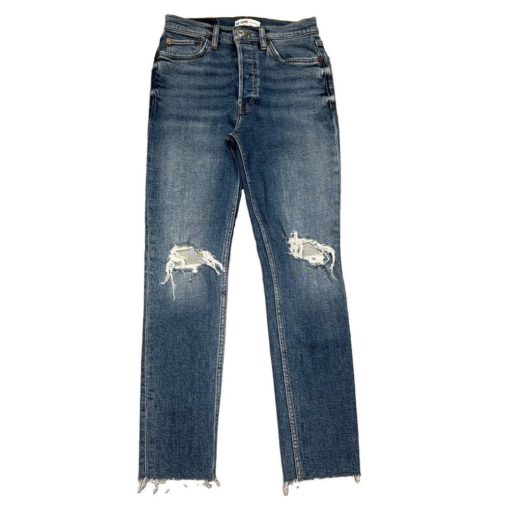 Re/Done High Rise Ankle Crop Jeans 26 (26x27) Blue Distressed Holes Denim Womens